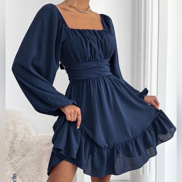 SHEIN Frenchy Knot Back Lantern Sleeve Ruffle Hem Dress - Picture 1 of 6